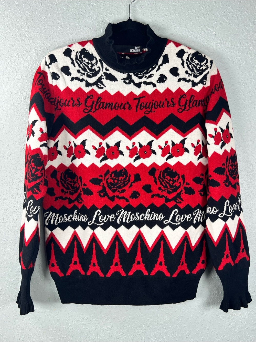 Love Moschino Paris Rose Graphic Mock Neck Sweater Size 4